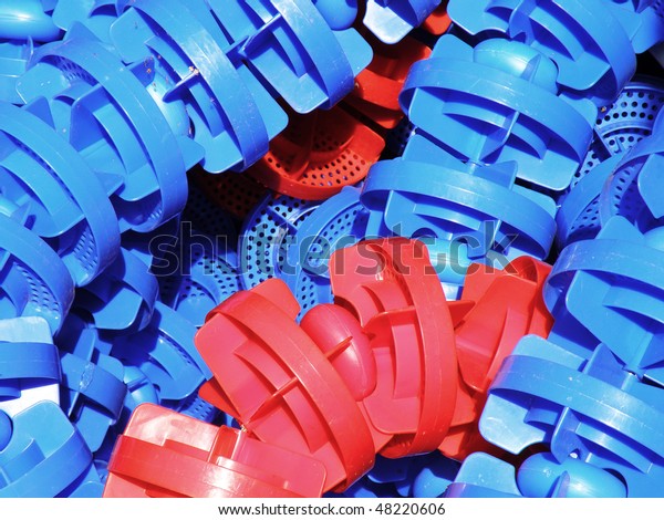 bundle of red and blue Swimming Lane Markers, ready\
to be placed in pool
