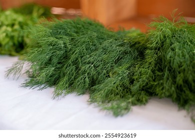 Bundles of lush green Florence fennel herb on a table at a farmers' market for sale. The thin aromatic thread-like feathery leaves have a flavor similar to liquorice flavor similar to a dill plant.  - Powered by Shutterstock