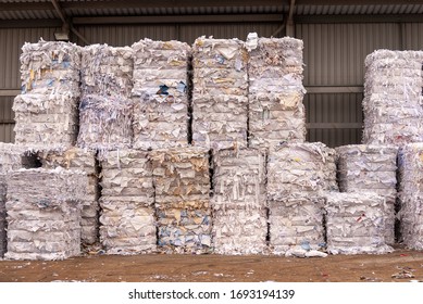 Bundles Of Shredded Paper At Recycling Facility