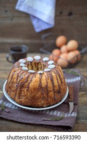 Bundt Cake With Chocolate Fudge Glaze And Chocolate Dots Circle