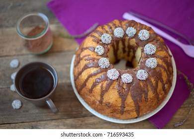 Bundt Cake With Chocolate Fudge Glaze And Chocolate Dots Circle