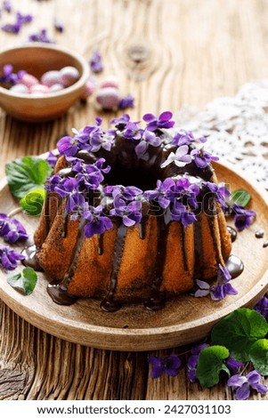 Bundt cake with chocolate icing decorated with fresh violets flowers. Dessert with edible flowers