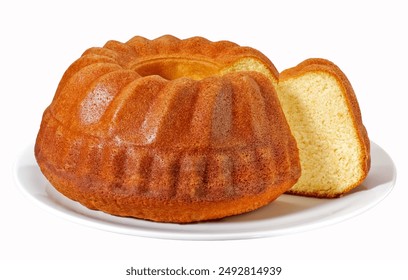 Bundt cake and slice on a cake platter isolated on white background, accurate clipping path embedded.

