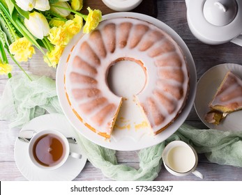 Bundt Cake With Sugar Frosting. Spring Breakfast Set. Easter Festive Treat