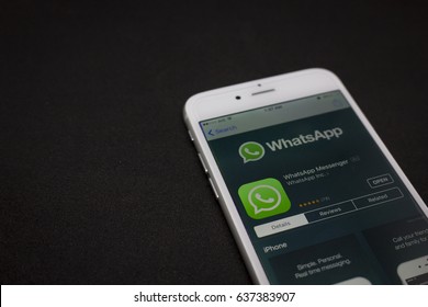 BUNG KAN, THAILAND - MAY 06, 2017: Iphone Display Whatsapp App On Apple App Store, Whatsapp Icon Focused