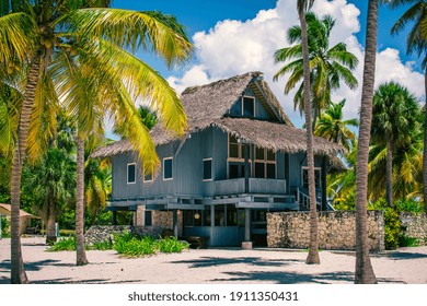Bungalow on a tropical island. Wooden house on the beach in a palm grove