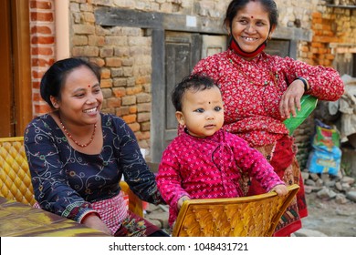 Bungamati, Nepal - October 24, 2017: Unidentified Cute Boy And His Family In Kokhana, Nepal.