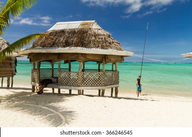 Bungaolow On Sunny Beach At Samoa Island In South Pacific