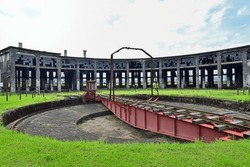 Bungo Mori Roundhouse Is Railroad Heritage In Kusu Town, Oita Prefecture, Japan. There Is A Railway Turntable For Changing Direction Of The Locomotive.