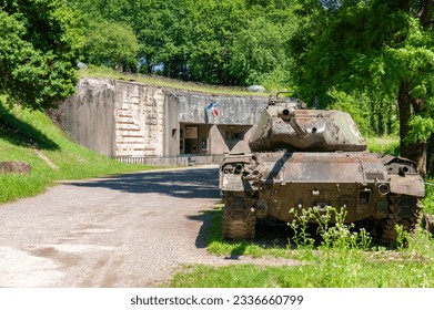 Bunker of former Maginot Line, here ammunition entrance of artillery plant Kalkofen, also Panzerwerk 615, near Lembach. Bas-Rhin department in Alsace region of France
