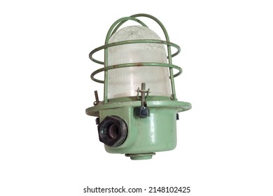 bunker light fixture, vintage miners lamp, suspended, domed lamp cover of explosion proof ribbed glass, metal protective cage. cable plastic bushing for moisture proof professional wiring