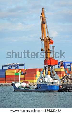 Bunker ship (fuel replenishment tanker) under port crane, Odessa, Ukraine