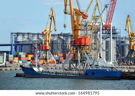 Bunker ship (fuel replenishment tanker) under port crane, Odessa, Ukraine