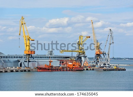 Bunker ship (fuel replenishment tanker) under port crane, Odessa, Ukraine