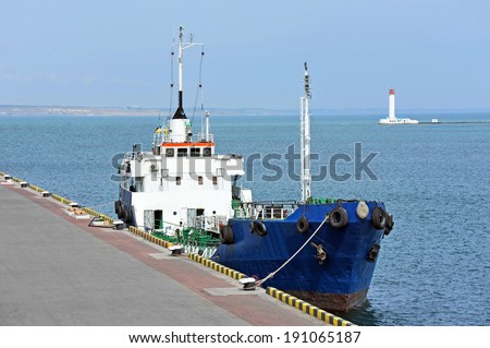 Bunker ship (fuel replenishment tanker) in port of Odessa, Ukraine