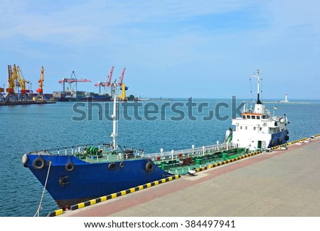 Bunker ship (fuel replenishment tanker) in port of Odessa, Ukraine