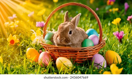 bunny in a basket with Easter eggs and flowers, sunny photo - Powered by Shutterstock