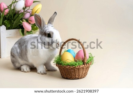 Bunny with a basket of Easter eggs on a light background