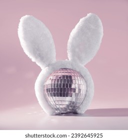 Bunny Boogie: a Pink Nightclub Disco Ball Wearing White Rabbit Ears on a Pastel Pink Background, Nightlife, DJ Club Concept