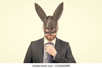 Bunny man in rabbit mask. Fetish. Businessman in sexy bdsm mask. Playboy. BDSM games