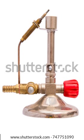 Bunsen burner is a device used to heat the gas for use in experiments in science laboratory. White background