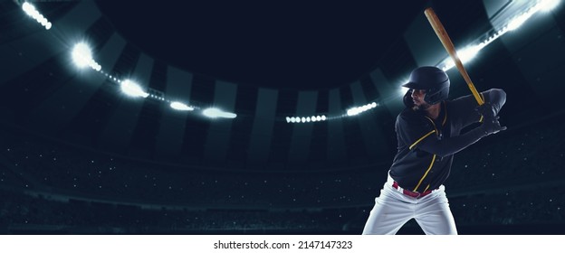 Bunt. Flyer With Professional Baseball Player With Baseball Bat In Action During Match In Crowed Sport Stadium At Evening Time. Sport, Win, Event, Competition Concepts. Collage, Poster For Ad, Text