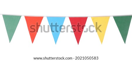 Bunting with colorful triangular flags on white background. Festive decor