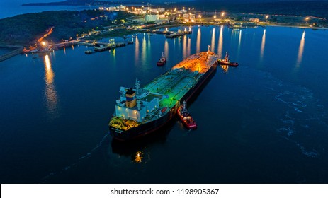 Burags/Bulgaria-May 06 2018:Aerial View Oil Tanker Ship At The Port At Night, Import Export Business Logistic And Transportation.