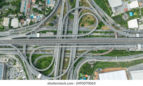 Burapha Withi Expressway, Industrial Ring Road, Bangna Intersection, Routes, Ring Road intersections, intercity connections for transportation, Bangkok Thailand, aerial view photograph from drone. - Powered by Shutterstock