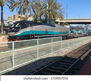 Burbank, CA / USA - March 30 2020: Metrolink Train At Burbank Railway Station