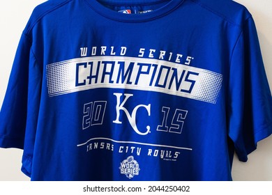 Burbank, California - March 24 2020: A shirt for Kansas City Royals, 2015 World Series Champions, hanging in a room. 