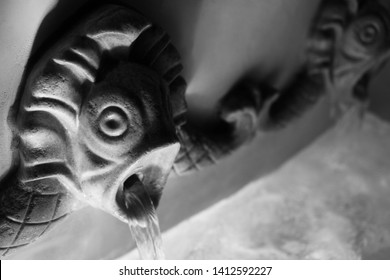 Burbank, California - November 6 2017: A Fish Fountain At The Art Deco City Hall, Black And White.