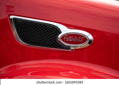Burbank, California / USA -  December 29, 2019: Peterbilt logo on the Budweiser Clydesdale transportation semi trailer truck at Equestfest prior to the Rose Parade.