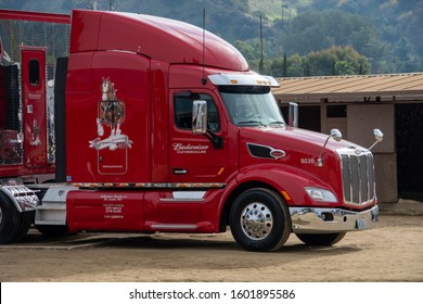 Burbank, California / USA -  December 29, 2019: The Budweiser Clydesdale transportation semi trailer truck and logo at Equestfest prior to the Rose Parade.