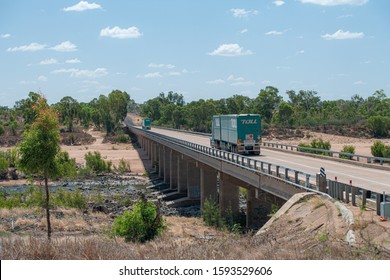Burdekin River, Queensland, Australia - 28 November 2019: The Macrossan Bridge spanning the mighty Burdekin River serves as a lifeline to outback regional Queensland.
