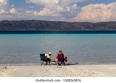 Burdur, Turkey: Backgammon Enjoy In Salt Lake. People Enjoy The View.6 September 2019