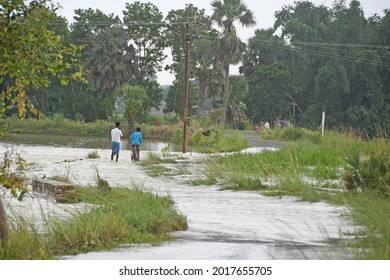 Burdwan, Purba Bardhaman District, West Bengal (India) - 01.08.2021: Agricultural land in several areas of Purba Bardhaman district has been submerged by rains and Banka rivulet waters.