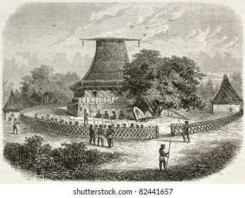 Bure Kalou (spirit house) in Fiji, old illustration: sacred temple and cannibalism scene. Created by De Bar after Williams, published on le Tuou du Monde, Paris, 1860. - Powered by Shutterstock