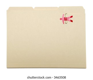 Bureaucracy Victim Concept. Red Paper Doll Clipped To Manila File Folder On White Background (clipping Path Included)