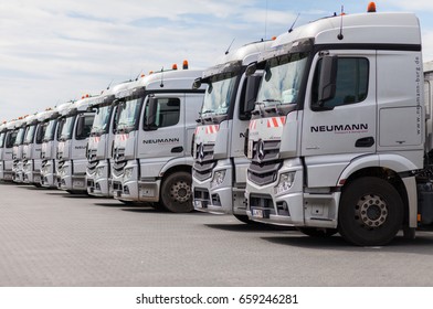 BURG / GERMANY - JUNE 11, 2017: German Mercedes Benz Actros Trucks From Haulage Firm Neumann Stands In A Row.