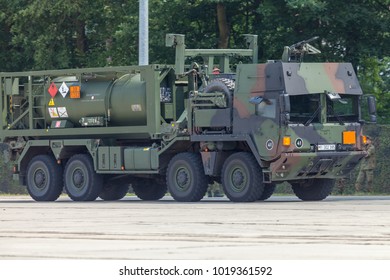 BURG / GERMANY - JUNE 25, 2016: German Military MAN Multi 2 Swap Body Truck Tanker At Open Day In Barrack Burg