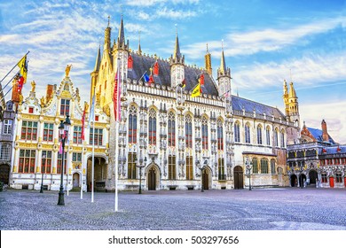 Burg square with town hall in medieval city Brugge at morning, Belgium.