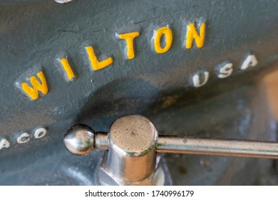 Burgas, Bulgaria - 5/18/20: Close Up Macro Detail View Of A Vintage 1940s Wilton Bullet Bench Vise. Classic American Machinist Equipment Tool. Durable And Timeless Design Made In Chicago, USA.