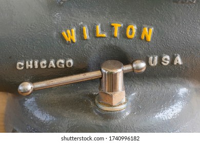 Burgas, Bulgaria - 5/18/20: Close Up Macro Detail View Of A Vintage 1940s Wilton Bullet Bench Vise. Classic American Machinist Equipment Tool. Durable And Timeless Design Made In Chicago, USA.