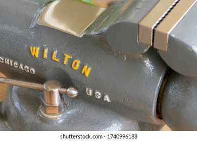 Burgas, Bulgaria - 5/18/20: Close Up Macro Detail View Of A Vintage 1940s Wilton Bullet Bench Vise. Classic American Machinist Equipment Tool. Durable And Timeless Design Made In Chicago, USA.