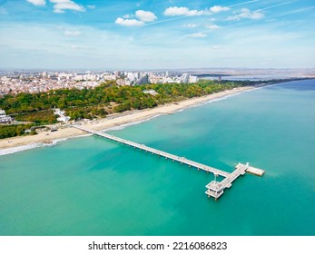 Burgas, Bulgaria - Aerial Photo Above Tourist Destination On The Bulgarian Black Sea Coast. Aerial View Of The Pier Of Burgas In Bulgaria.