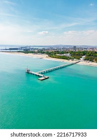 Burgas, Bulgaria - Aerial Photo Above Tourist Destination On The Bulgarian Black Sea Coast. Aerial View Of The Pier Of Burgas In Bulgaria.