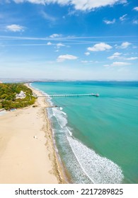 Burgas, Bulgaria - Aerial Photo Above Tourist Destination On The Bulgarian Black Sea Coast. Aerial View Of Amazing Burgas Beach And Pier Of Burgas In Bulgaria.