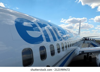 Burgas, Bulgaria - August 8 2021: Enter Air Airplane Boarding At Burgas Airport