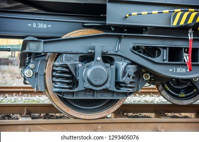 Burgas, Bulgaria - January 07, 2019. Freight cargo train wagons details. Brand new 4-axles . Made by Transvagon Burgas, Bulgaria. - Shutterstock ID 1293405076